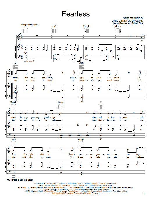 Learn to play Colbie Caillat Fearless sheet music for Piano, Vocal & Guitar Chords (Right-Hand Melody) in minutes. Price: 7.8900$ Colbie Caillat Fearless sheet music notes and chords arranged for Piano, Vocal & Guitar Chords (Right-Hand Melody)
