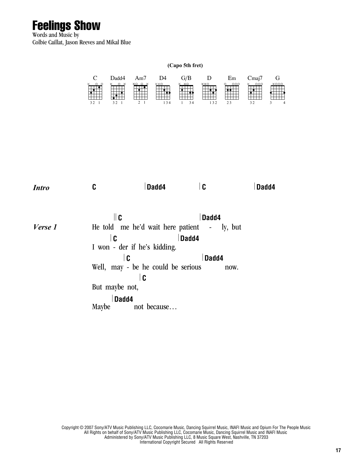 Colbie Caillat Feelings Show sheet music notes and chords. Download Printable PDF.