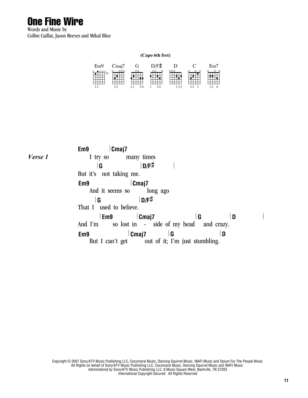 Colbie Caillat One Fine Wire sheet music notes and chords. Download Printable PDF.