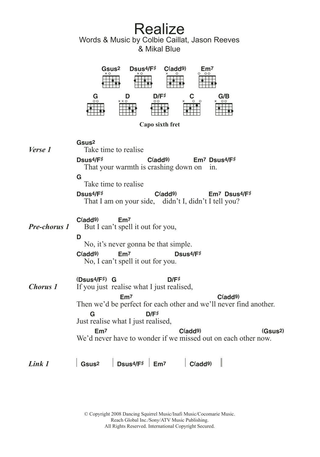 Colbie Caillat Realize sheet music notes and chords. Download Printable PDF.