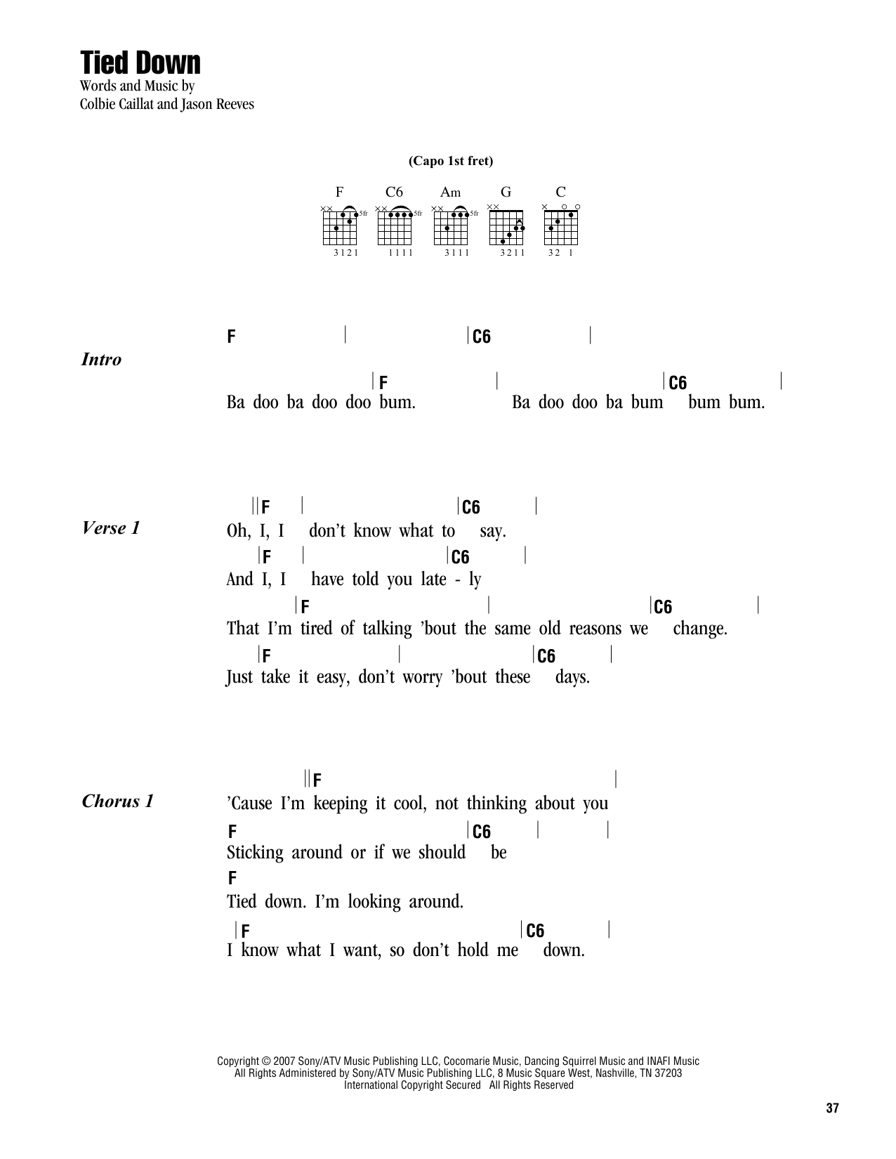 Colbie Caillat Tied Down sheet music notes and chords. Download Printable PDF.