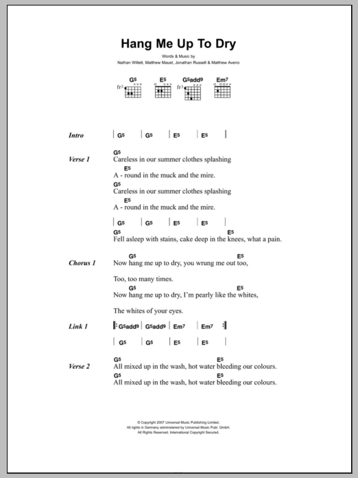 Learn to play Cold War Kids Hang Me Up To Dry sheet music for Guitar Tab in minutes. Price: 7.8900$ Cold War Kids Hang Me Up To Dry sheet music notes and chords arranged for Guitar Tab