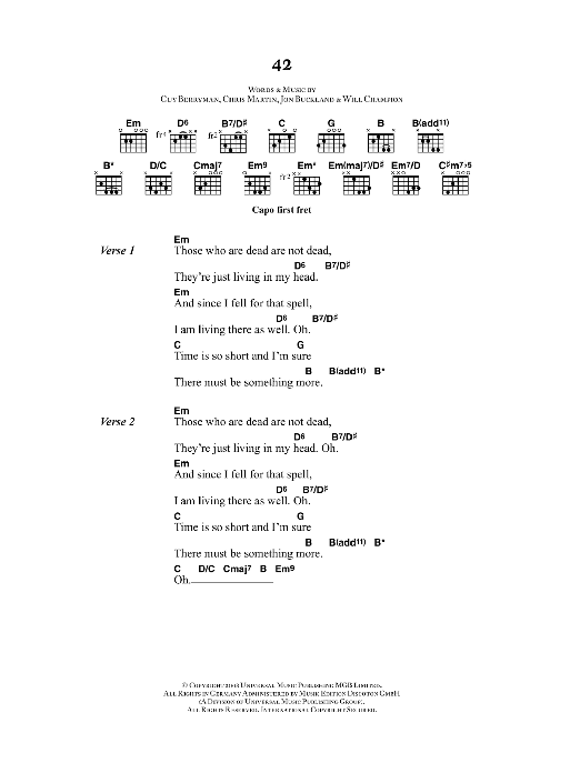 Coldplay 42 sheet music notes and chords. Download Printable PDF.