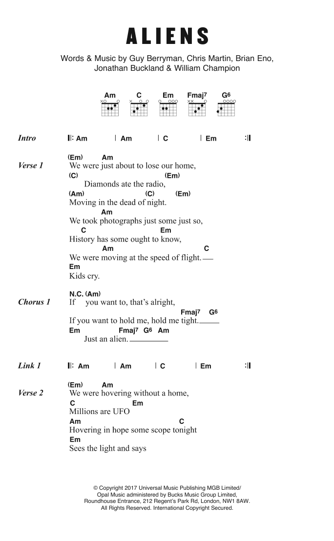 Coldplay A L I E N S sheet music notes and chords. Download Printable PDF.