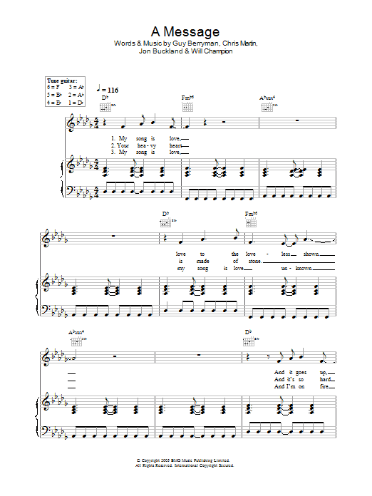 Coldplay A Message sheet music notes and chords. Download Printable PDF.