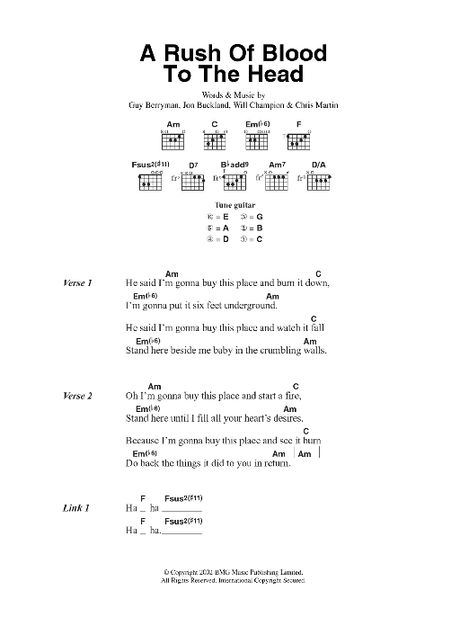 Coldplay A Rush Of Blood To The Head sheet music notes and chords. Download Printable PDF.