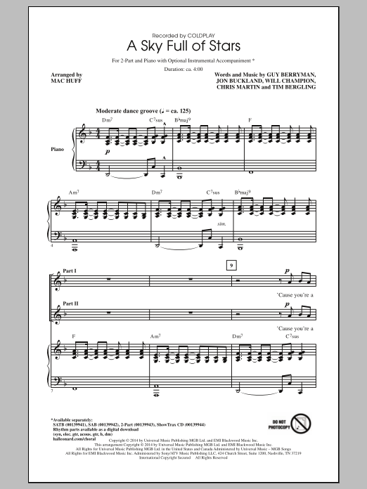 Coldplay A Sky Full Of Stars (arr. Mac Huff) sheet music notes and chords. Download Printable PDF.