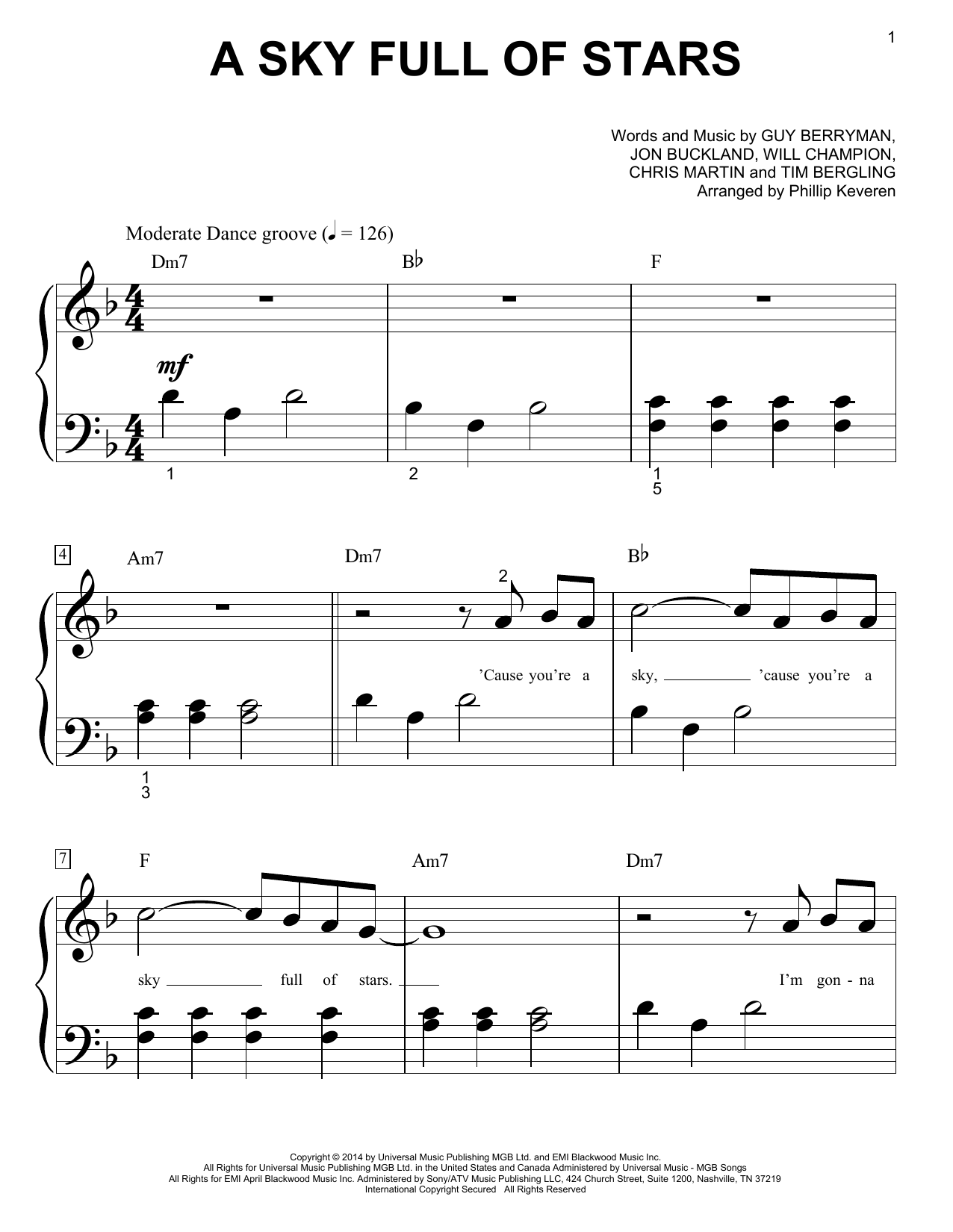 Phillip Keveren A Sky Full Of Stars sheet music notes and chords. Download Printable PDF.