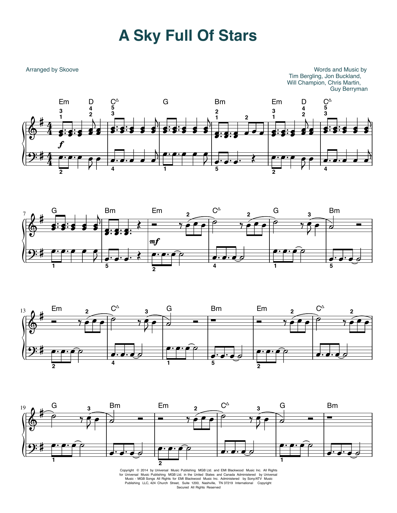 Coldplay A Sky Full Of Stars (arr. Skoove) sheet music notes and chords. Download Printable PDF.