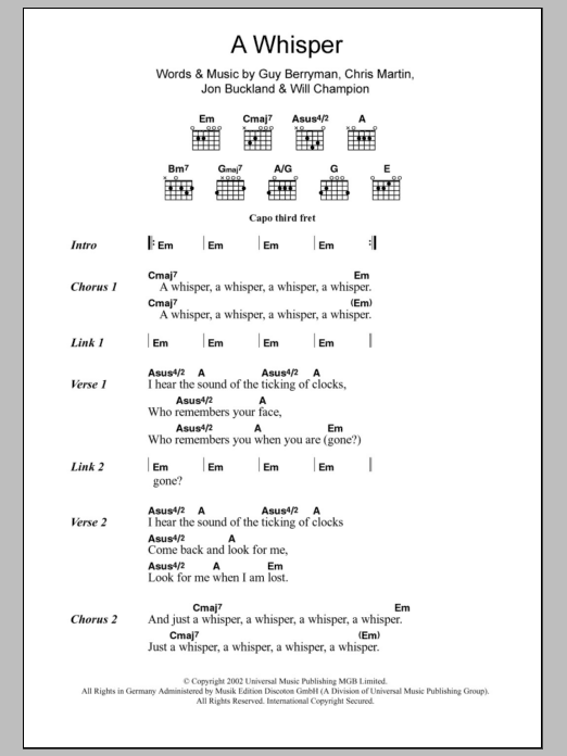 Coldplay A Whisper sheet music notes and chords. Download Printable PDF.