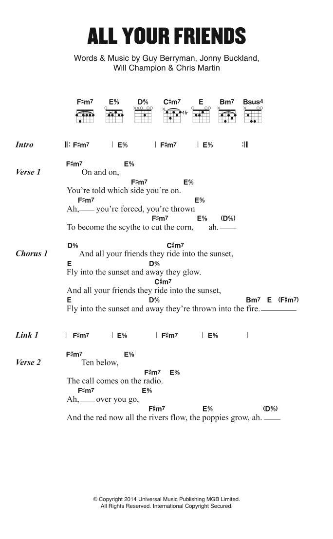 Coldplay All Your Friends sheet music notes and chords. Download Printable PDF.