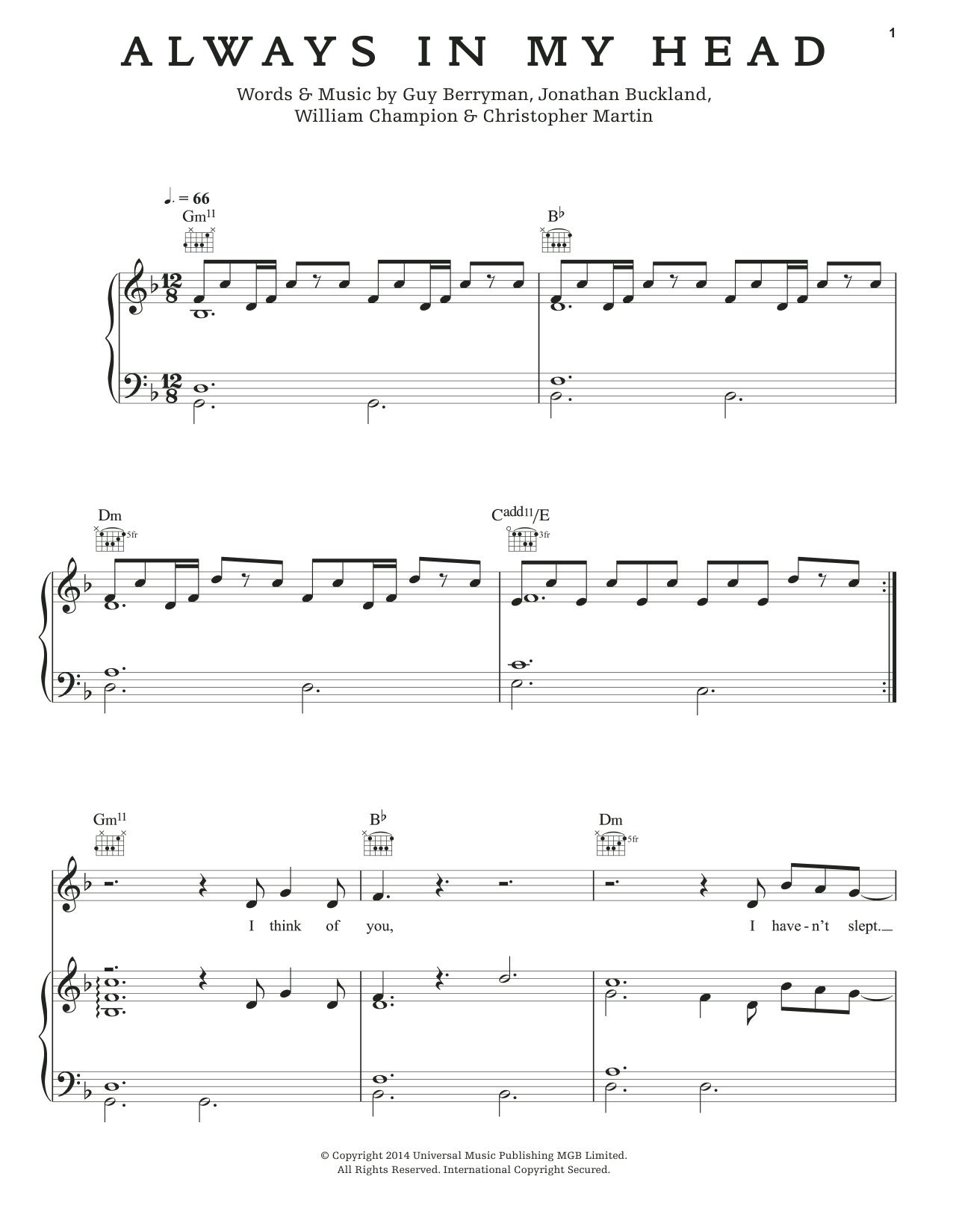 Coldplay Always In My Head sheet music notes and chords. Download Printable PDF.