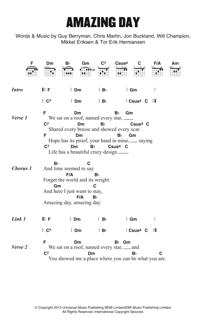 Coldplay Amazing Day sheet music notes and chords. Download Printable PDF.