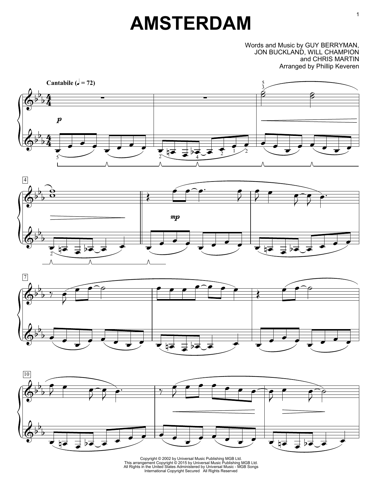 Coldplay Amsterdam [Classical version] (arr. Phillip Keveren) sheet music notes and chords. Download Printable PDF.