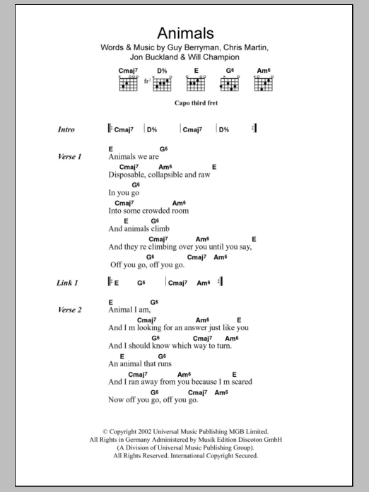 Coldplay Animals sheet music notes and chords. Download Printable PDF.