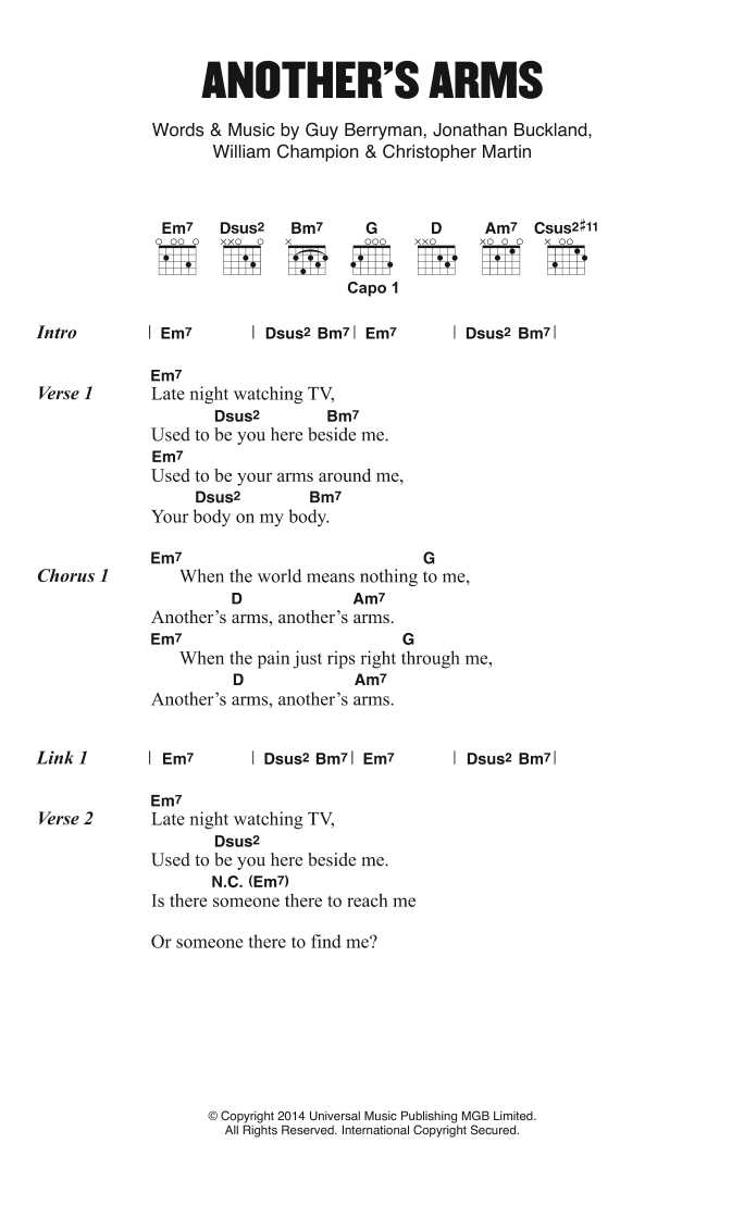 Coldplay Another's Arms sheet music notes and chords. Download Printable PDF.