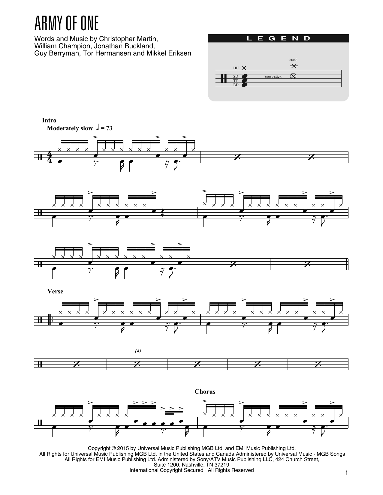 Learn to play Coldplay Army Of One (arr. Kennan Wylie) sheet music for Drum Chart in minutes. Price: 5.9900$ Coldplay Army Of One (arr. Kennan Wylie) sheet music notes and chords arranged for Drum Chart