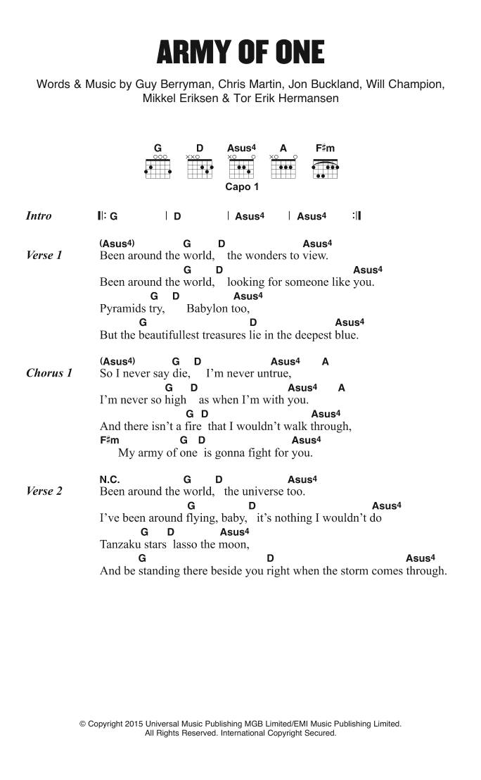 Coldplay Army Of One sheet music notes and chords. Download Printable PDF.