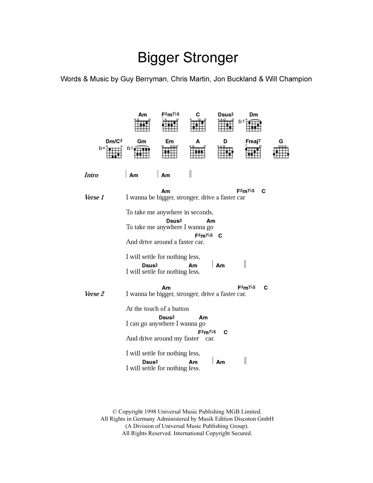 Coldplay Bigger Stronger sheet music notes and chords. Download Printable PDF.