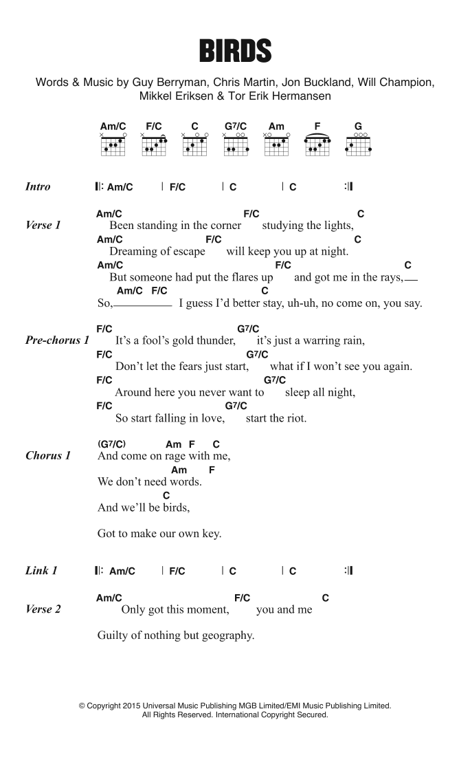 Coldplay Birds sheet music notes and chords. Download Printable PDF.