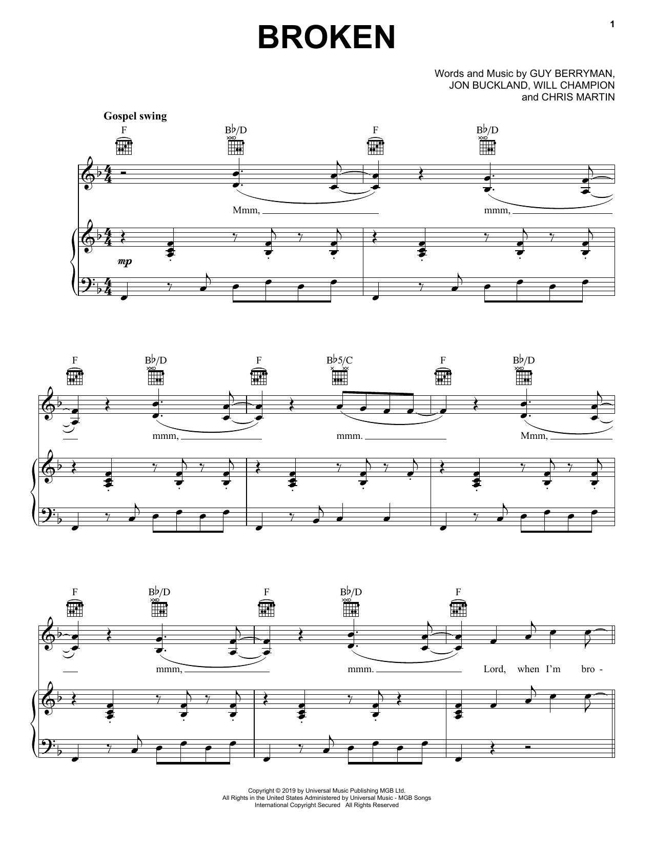 Coldplay Broken sheet music notes and chords. Download Printable PDF.