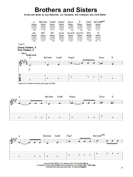 Coldplay Brothers And Sisters sheet music notes and chords. Download Printable PDF.