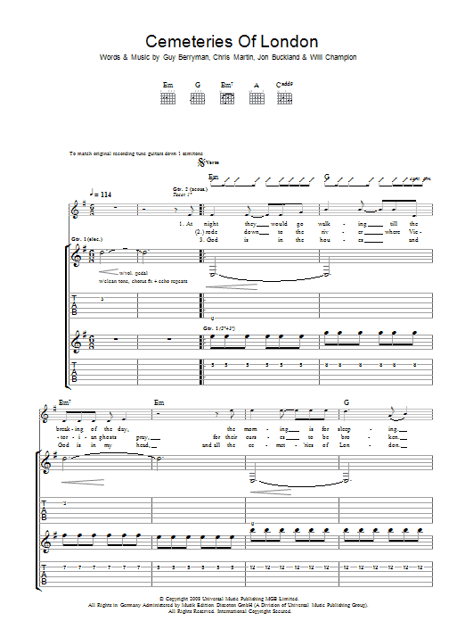 Coldplay Cemeteries Of London sheet music notes and chords. Download Printable PDF.