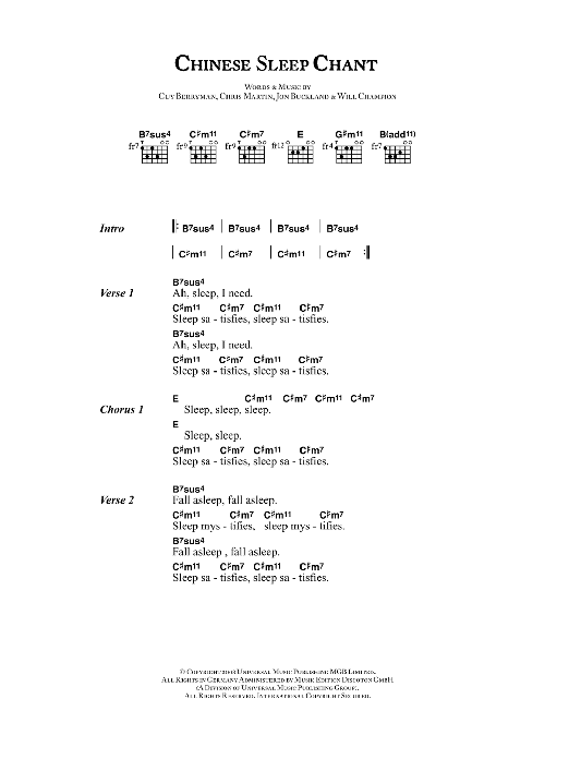 Coldplay Chinese Sleep Chant sheet music notes and chords. Download Printable PDF.