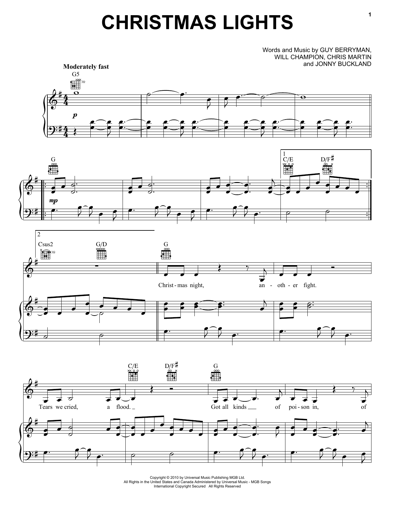 Coldplay Christmas Lights sheet music notes and chords. Download Printable PDF.