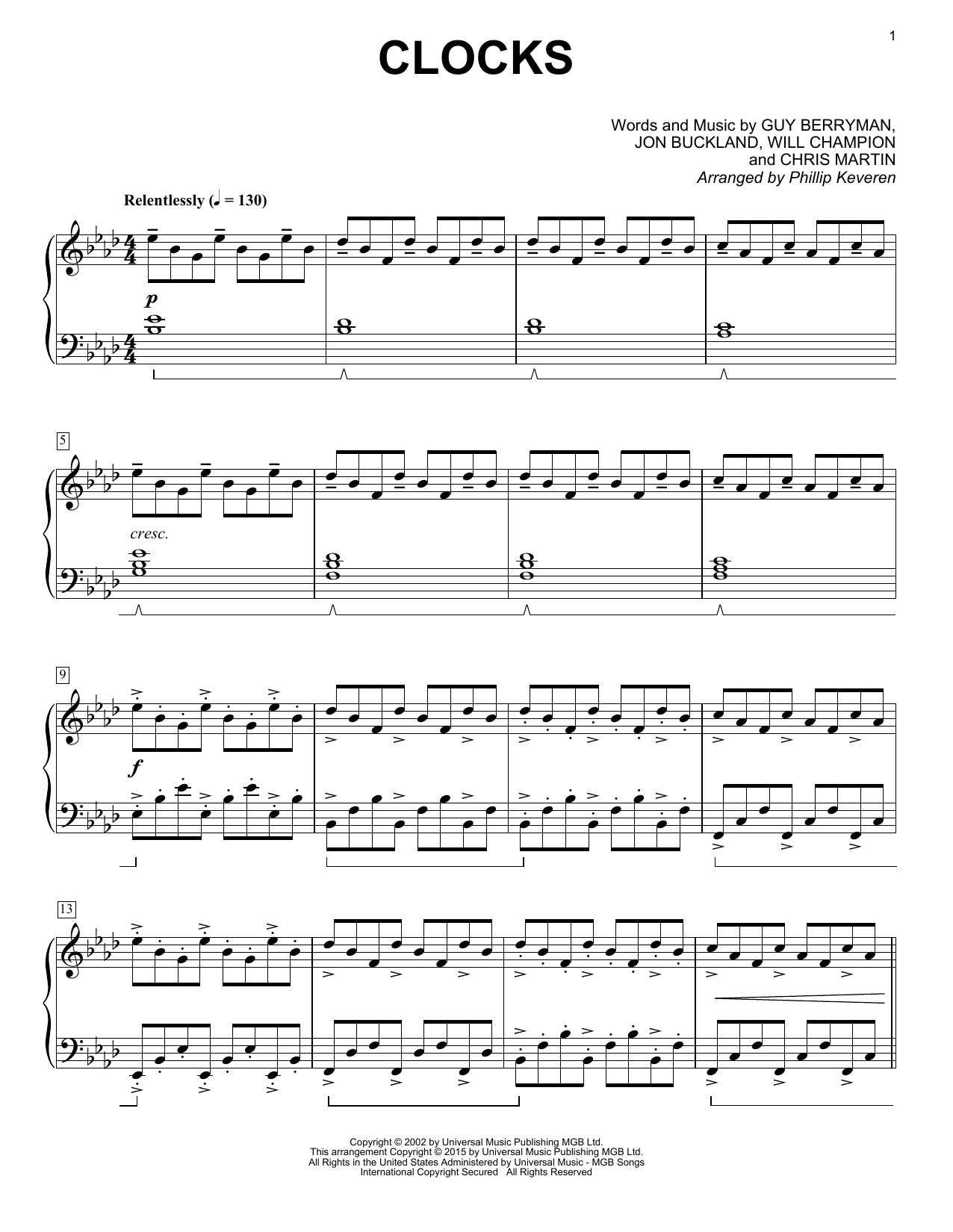 Coldplay Clocks [Classical version] (arr. Phillip Keveren) sheet music notes and chords. Download Printable PDF.