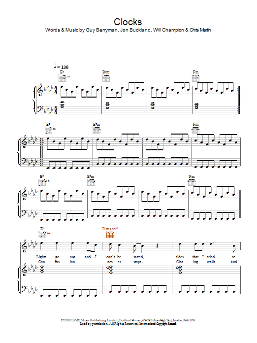 Coldplay Clocks sheet music notes and chords. Download Printable PDF.