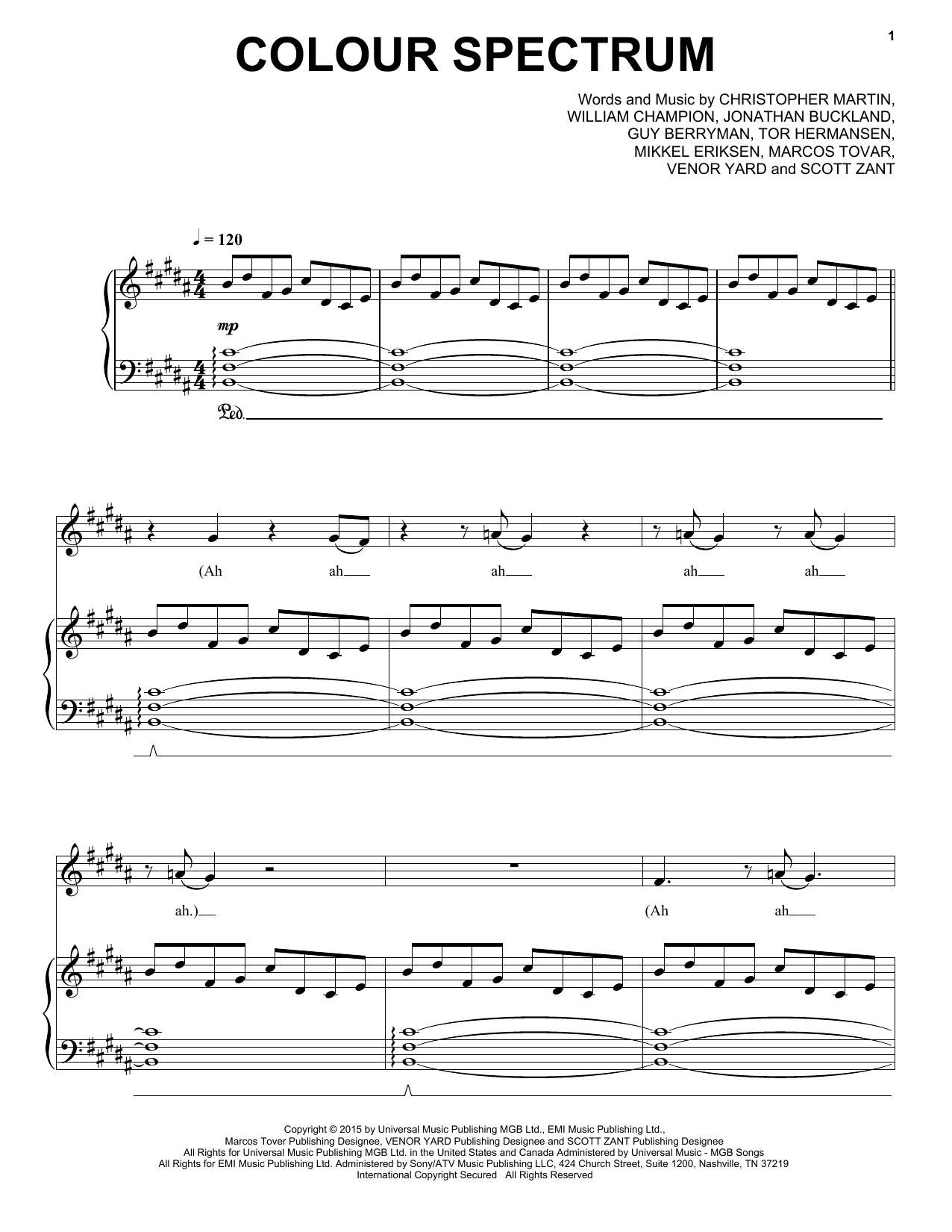 Coldplay Colour Spectrum sheet music notes and chords arranged for Piano, Vocal & Guitar Chords (Right-Hand Melody)