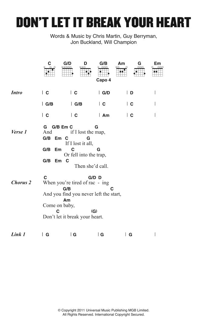 Coldplay Don't Let It Break Your Heart sheet music notes and chords. Download Printable PDF.