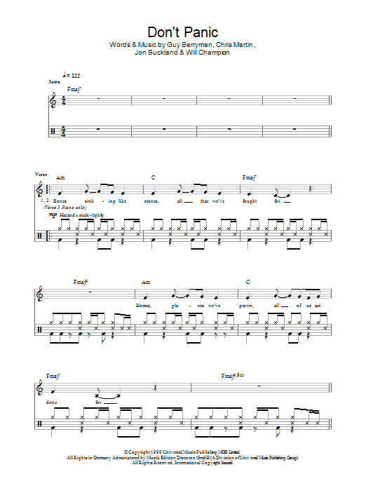 Coldplay Don't Panic sheet music notes and chords. Download Printable PDF.