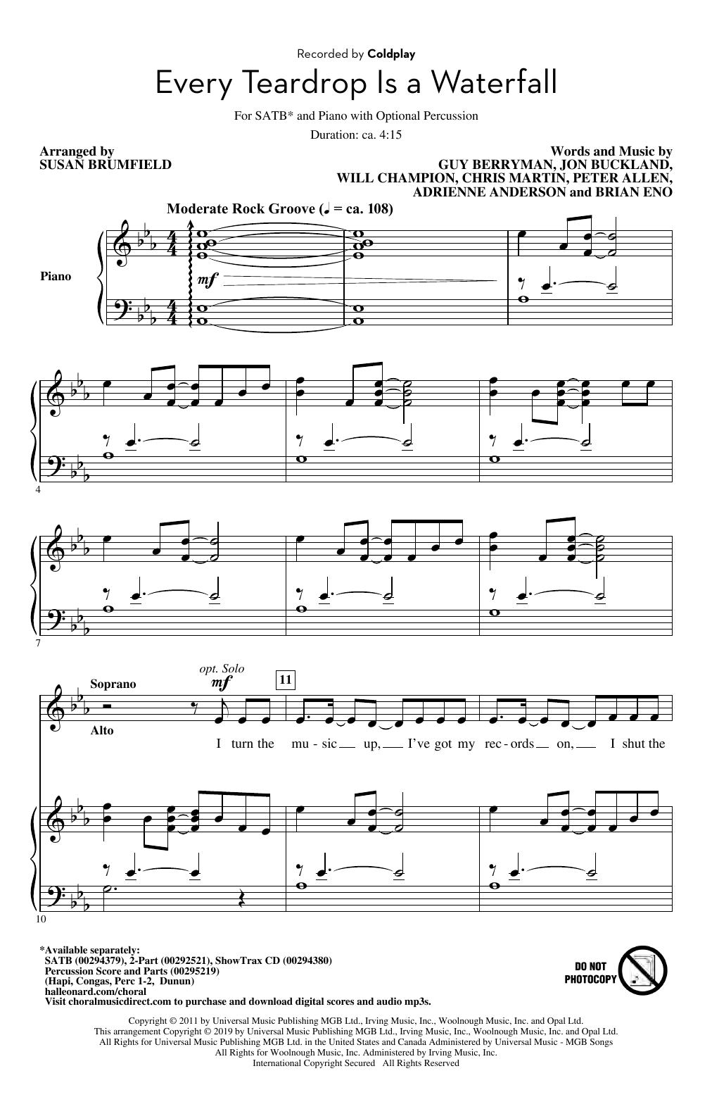 Coldplay Every Teardrop Is A Waterfall (arr. Susan Brumfield) sheet music notes and chords. Download Printable PDF.