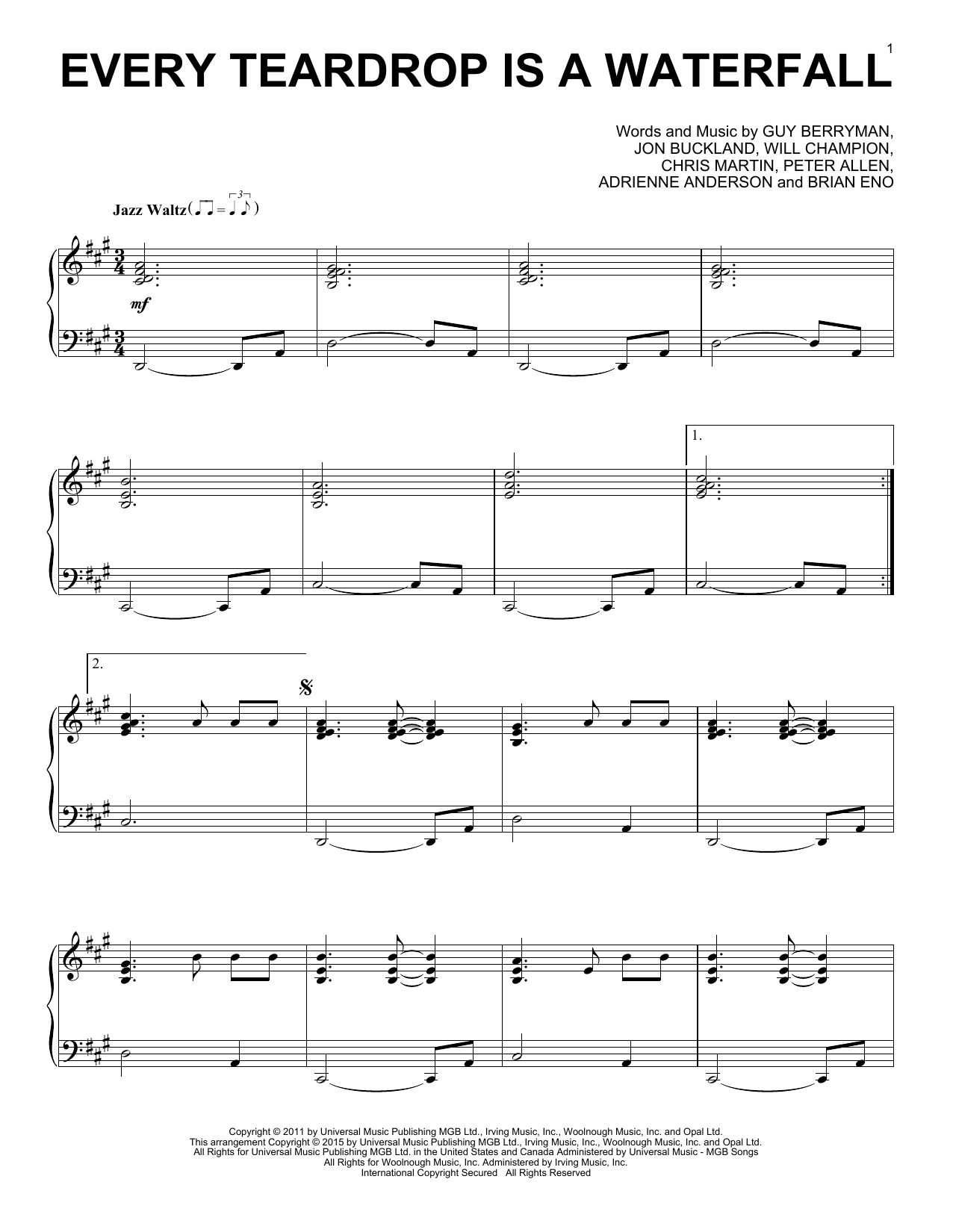 Coldplay Every Teardrop Is A Waterfall [Jazz version] sheet music notes and chords. Download Printable PDF.