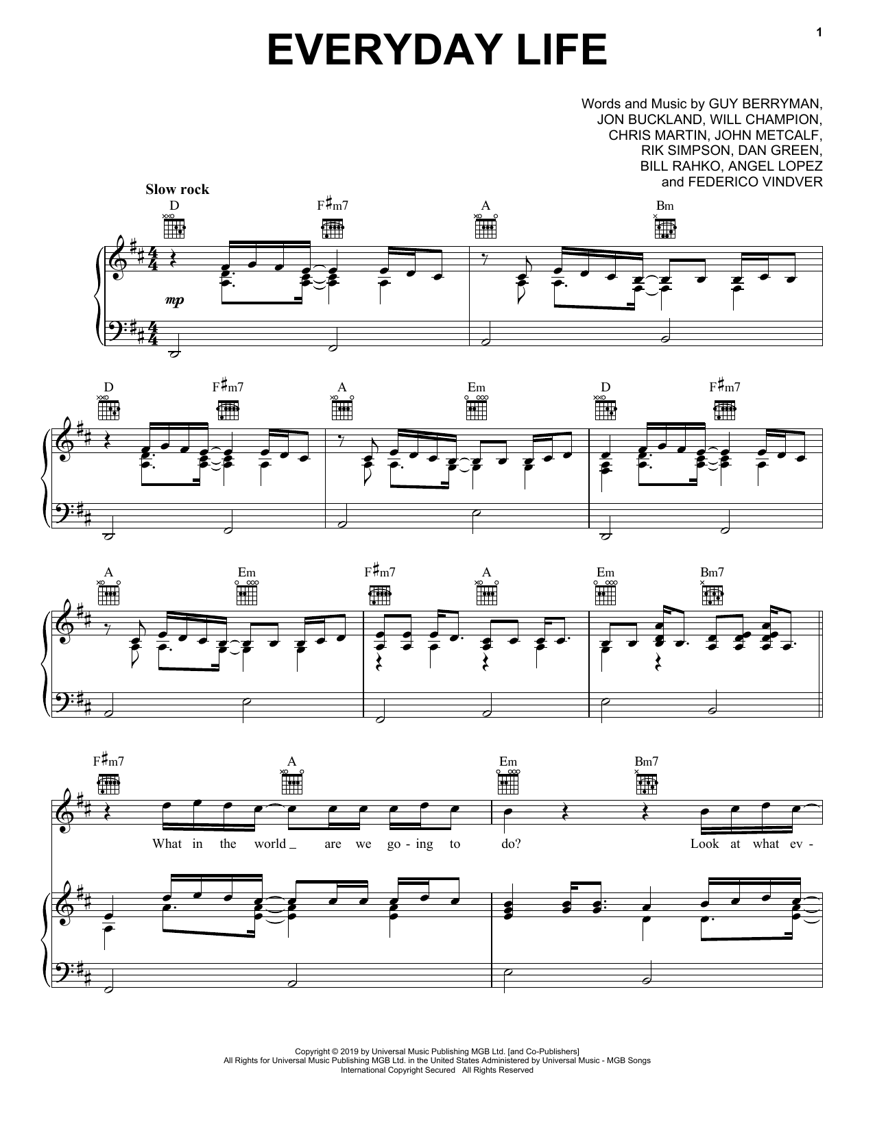 Coldplay Everyday Life sheet music notes and chords. Download Printable PDF.