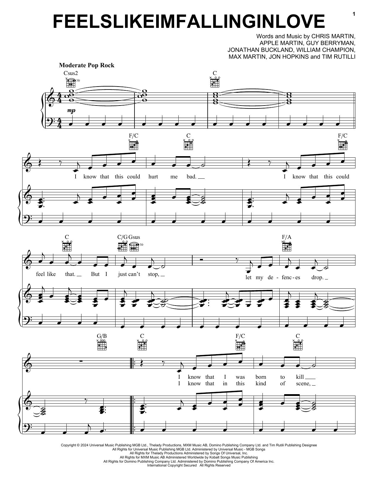 Coldplay feelslikeimfallinginlove sheet music notes and chords. Download Printable PDF.