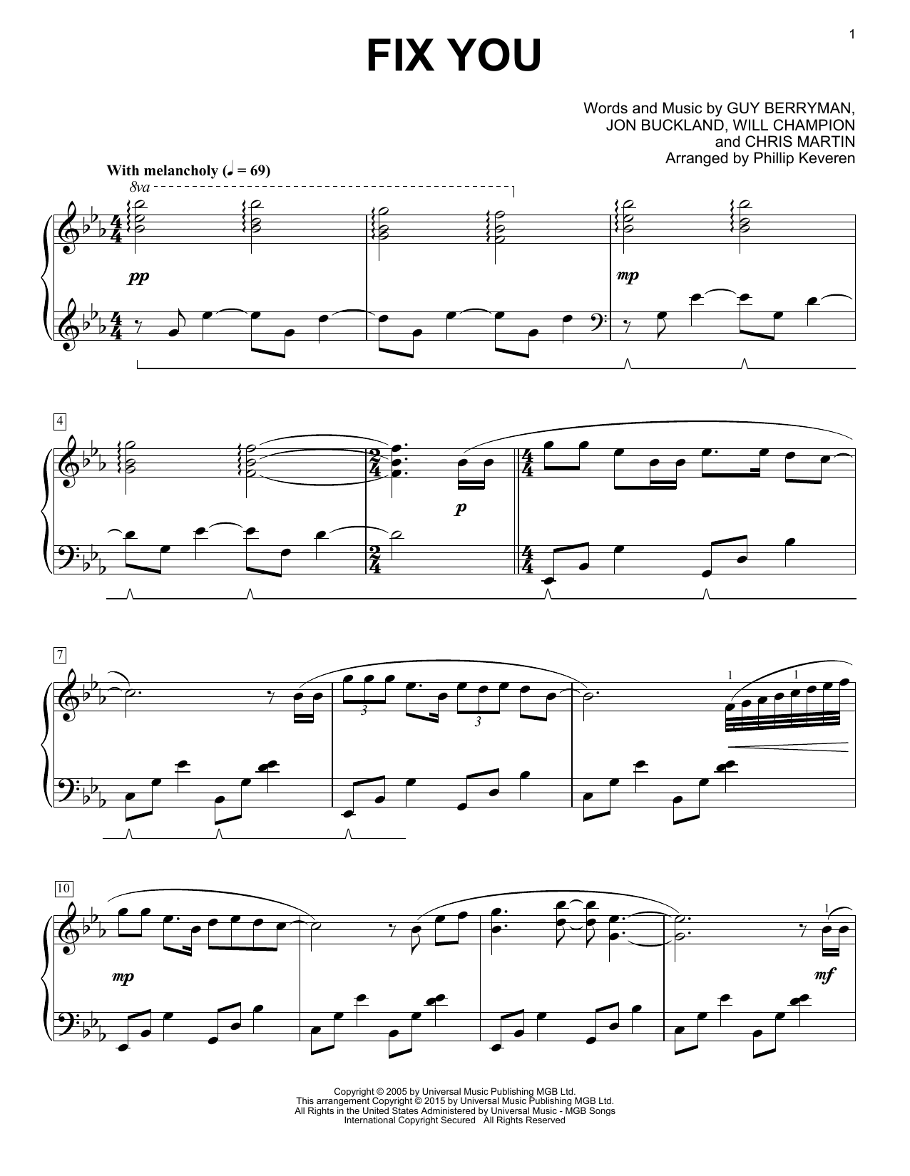 Coldplay Fix You [Classical version] (arr. Phillip Keveren) sheet music notes and chords. Download Printable PDF.