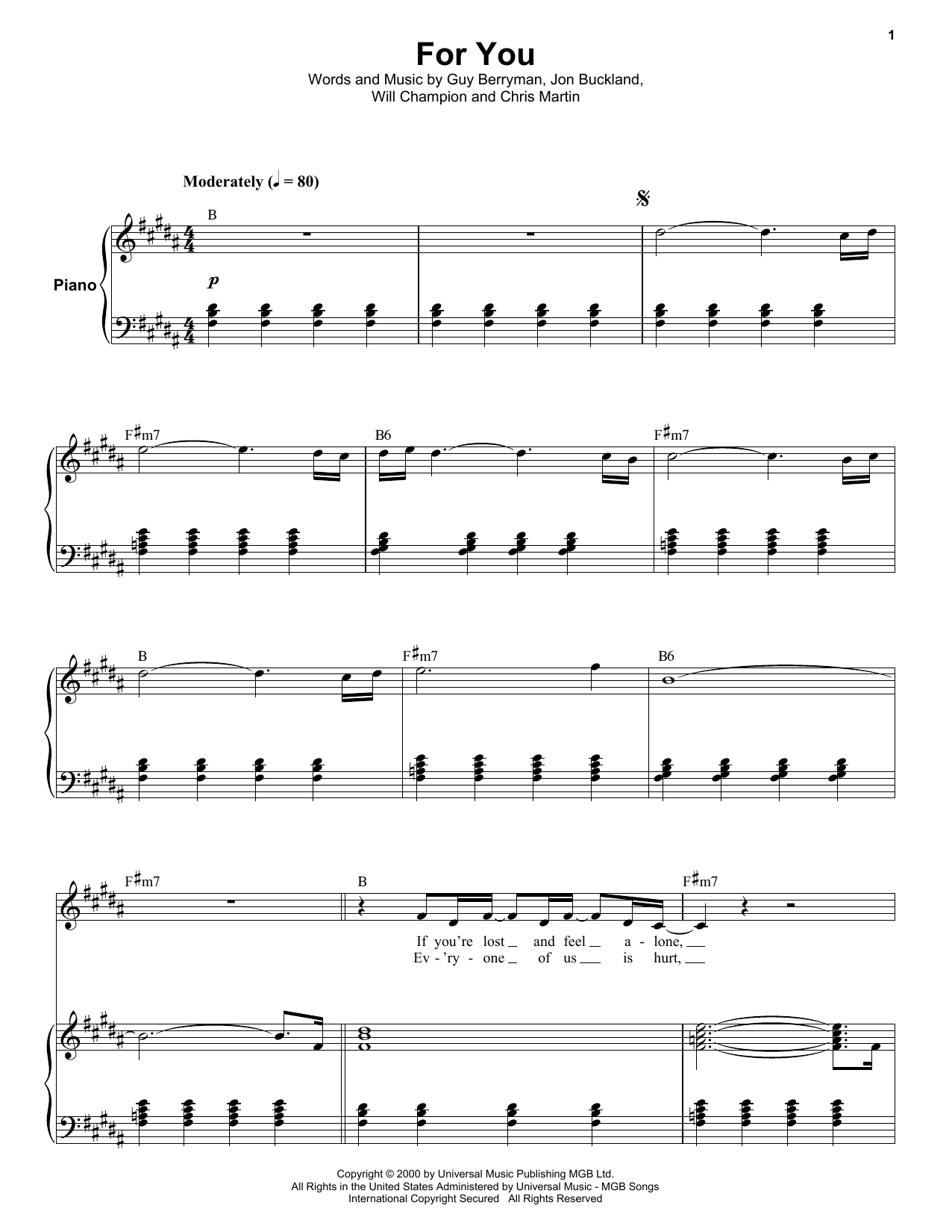 Coldplay For You sheet music notes and chords. Download Printable PDF.