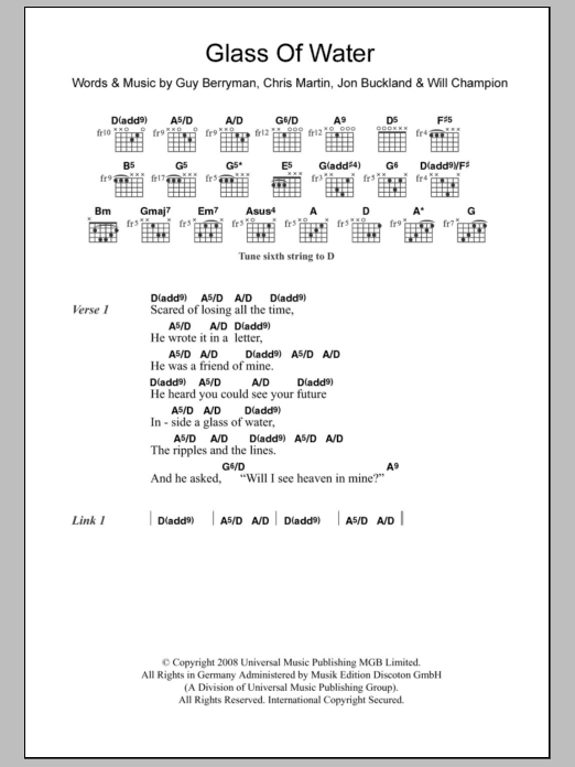 Coldplay Glass Of Water sheet music notes and chords arranged for Guitar Chords/Lyrics