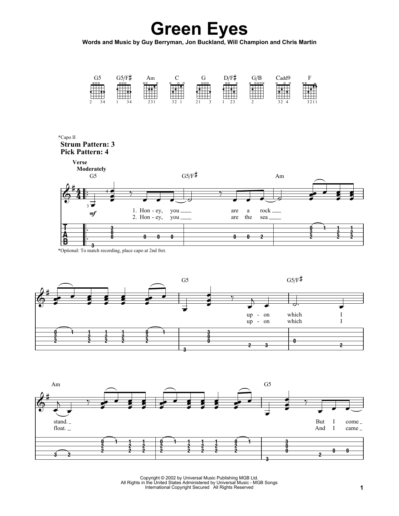 Coldplay Green Eyes sheet music notes and chords. Download Printable PDF.