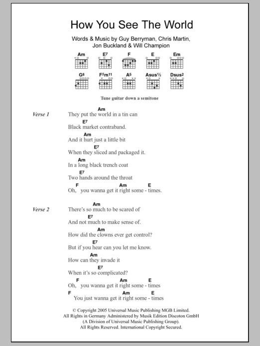 Coldplay How You See The World sheet music notes and chords. Download Printable PDF.