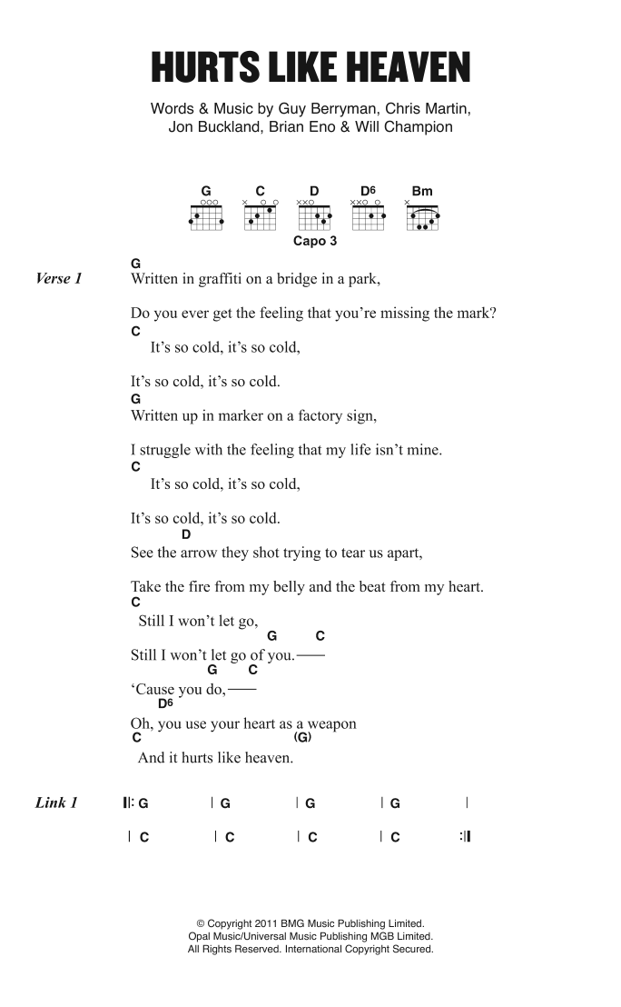 Coldplay Hurts Like Heaven sheet music notes and chords. Download Printable PDF.