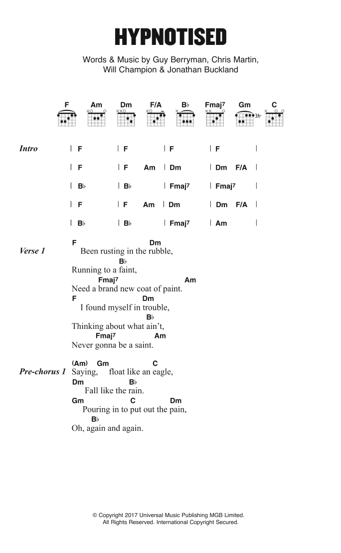 Coldplay Hypnotised sheet music notes and chords. Download Printable PDF.