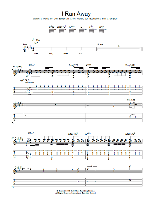 Coldplay I Ran Away sheet music notes and chords. Download Printable PDF.