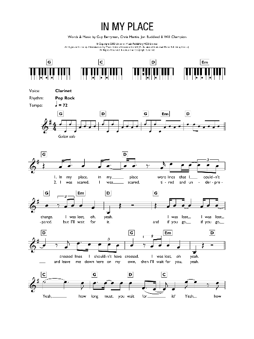 Coldplay In My Place sheet music notes and chords. Download Printable PDF.