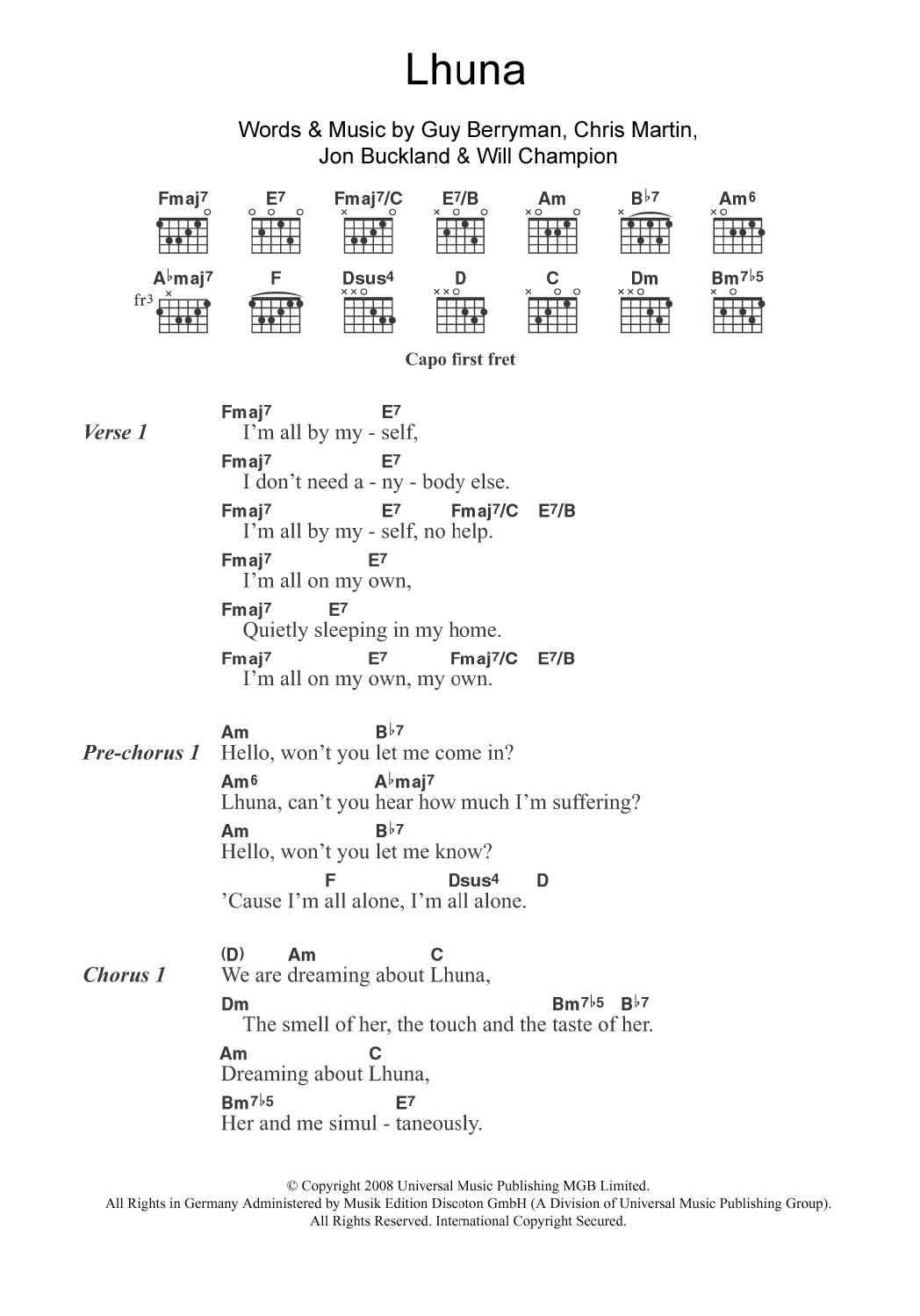 Coldplay Lhuna (featuring Kylie Minogue) sheet music notes and chords. Download Printable PDF.