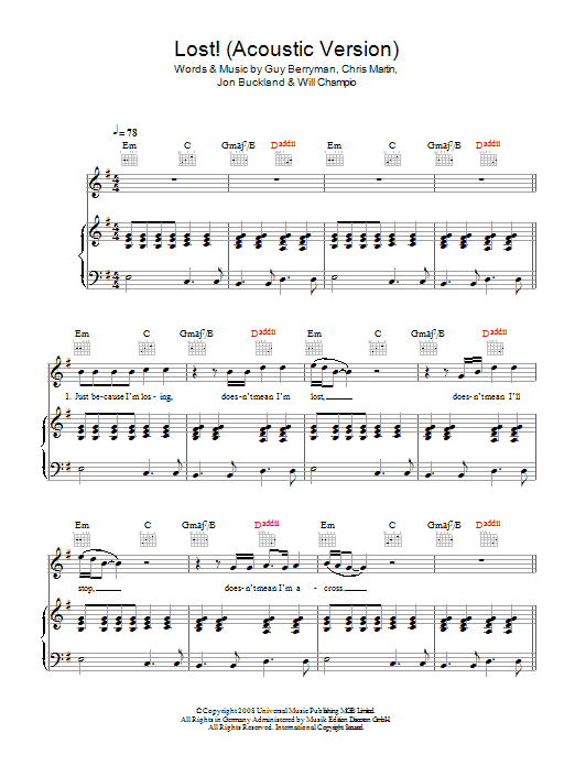 Coldplay Lost! (acoustic version) sheet music notes and chords. Download Printable PDF.