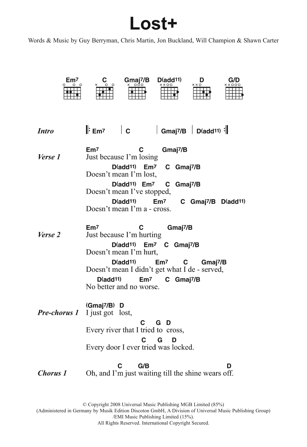 Coldplay Lost+ (feat. Jay-Z) sheet music notes and chords. Download Printable PDF.